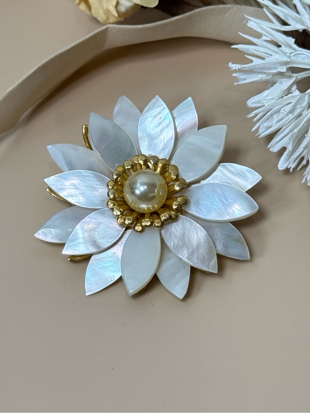 Vintage Mother of Pearl Flower Brooch Gold Tone Faux Pearl Center